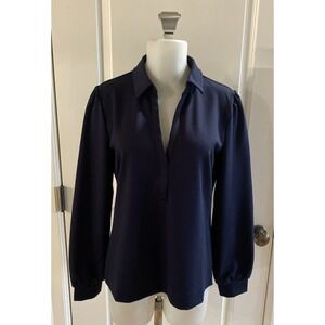 Talbots Johnny Collar Blue Pull Over Top Collared Long Sleeve Size Small